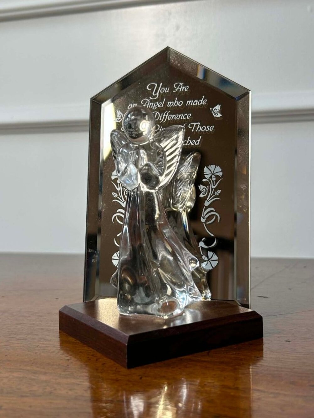 Crystal angel figurine mirrored back plaque